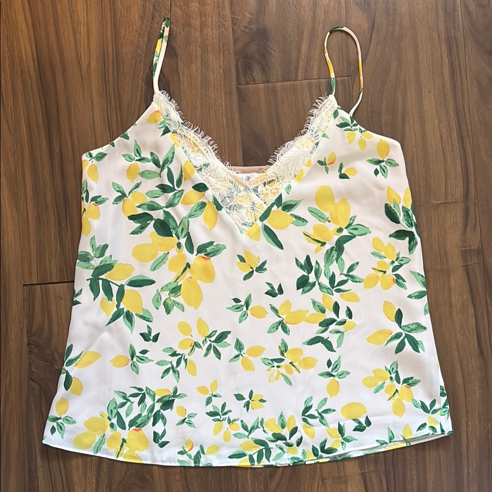 Socialite Lemon Print Lace Trim Cami Top